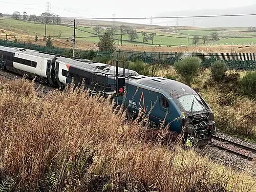 A side view of the front carriages of a derailed train in open countryside