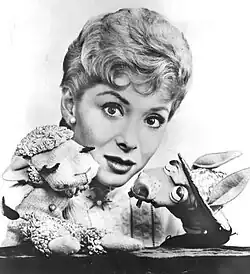 Publicity photo of Shari Lewis and her puppets Lamb Chop and Charlie Horse from The Ford Show, April 7, 1960.