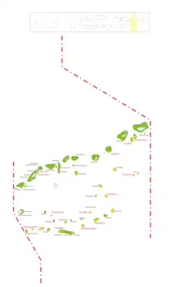 A map of several islands in green or yellow on a white background. Red dotted lines border the left and right of the island group
