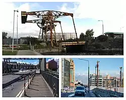 alt=Collage of three pictures. They are all taken during the day. The sky is blue with white clouds on all of them. The picture on top: The Sheriff Street Lifting Bridge. Below this picture, there are two photos side-by-side. The photo on the left - picture of road with pedestrian path. In the background, there are houses on both sides of the road, with a traffic light, and a car. In the photo on the right, there are tall buildings on both sides of the road, there are cars and vans parked on both sides of the road.