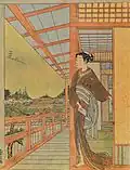 Figure in elegant kimono stepping from interior onto veranda overlooking river with boats