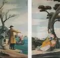 Two painted panels with figure directing riverside activity and another figure seated beneath large tree with child