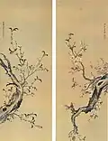 Two painted panels with gnarled tree branches and delicate white blossoms against beige background