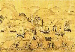 Japanese cannons shooting on Foreign shipping at Shimonoseki in 1863