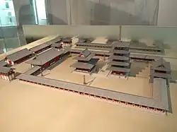 Model of the temple complex at the time of its construction, at Osaka Prefectural Chikatsu Asuka Museum