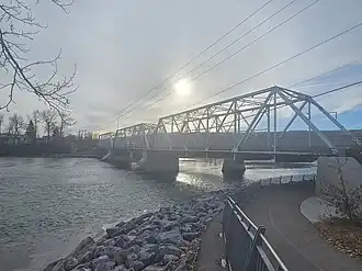 Hextall Bridge, partly funded by Shouldice to connect Bowness to Shouldice Terrace (now Montgomery), photographed in 2023.