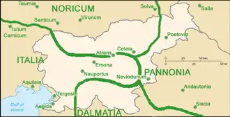 Image 23Map of Slovenia with ancient Roman provinces and cities (as of 100 A.D.) in green and present-day frontiers in grey. (from History of Slovenia)