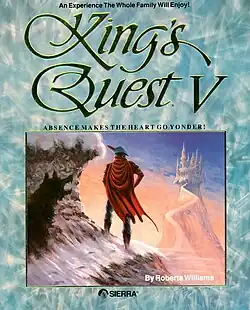 Video game box art with a caped adventurer standing on a snowy cliff, gazing toward a distant castle atop a winding mountain path while a shadowy wolf howls behind him