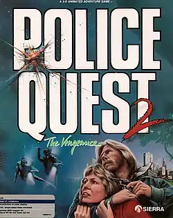 Box art with the game's title and a dramatic bullet hole impact, while below a man holds a woman hostage at gunpoint, alongside scenes of undersea divers and a city skyline