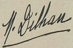 Marguerite Dilhan's signature on a letter from 1948, accepting the title of Officer of the Legion of Honor granted in 1949.