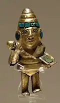 Gold Moche whistle with turquoise depicting a warrior, 1–800 AD Larco Museum, Lima