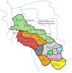 Silesian duchies in 1309–11, Oświęcim before its separation from the Duchy of Cieszyn (yellow)
