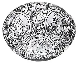 Bactrian types on a silver gilt bowl, 6th c. CE. British Museum.[15][16]