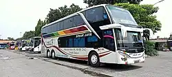 Image 120An Indonesian intercity bus, Sinar Jaya double decker Mercedes-Benz OC 500 RF 2542 bus travelling across Java, connecting Surabaya and Jakarta (from Intercity bus service)
