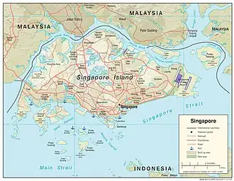 Detailed map of Malaysia and Singapore with the Johor Strait outlines in blue.