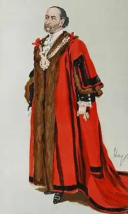 Sir James Whitehead, 1st Baronet (1834-1917), Lord Mayor or London, opened the swimming bath at Caterham in 1889, the same year of this caricature from Vanity Fair.[47]