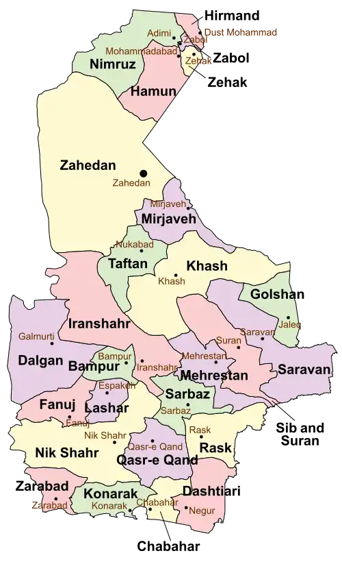 Location of Mehrestan County in Sistan and Baluchestan province (center right, purple)