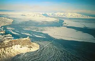 45,000&nbsp;m3/s (1,600,000&nbsp;ft3/s) jökulhlaup on Skeiðarársandur, Iceland, in 1996 in connection with a eruption in Grímsvötn