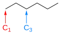 The skeletal formula of hexane, with carbons number one and three labelled