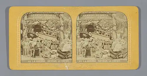 Sepia stereoview of a theatrical scene filled with skeleton figures surrounding a cart labeled "Grande Récolte 200,000 Âmes!!" ("Great Harvest 200,000 Souls!!"), with other figures reclining or watching nearby