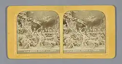 Stereoscopic image of skeleton figures with scythes, cannons, and a banner reading "Destruction," marching out of a rocky cave, representing war emerging from hell.