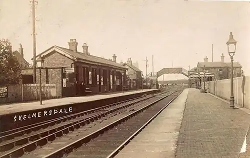 A tinted 1914 photo of the Skelmersdale station exterior