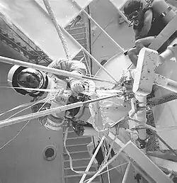Astronauts in the NBS deploying the Skylab twin-pole sunshade, 1973.