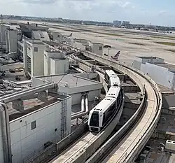 An aerial view of the Skytrain guideway and tracks on the roof of the terminal with a train in transit.
