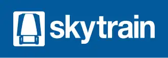 A logo with a blue background, a white icon of a train and white text that says "skytrain" in lowercase letters