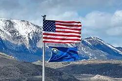 The state flag flying in Carson City, underneath a U.S. flag.