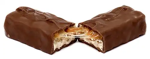 Snickers candy bar, cut in half