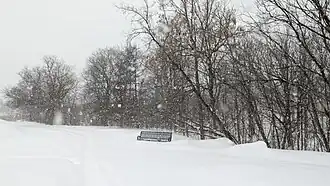 Park bench half immersed in snow in Brampton, Ontario
