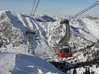 One of two cable cars composing the Aerial Tram at Snowbird in 2016