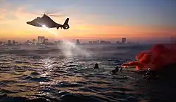 Coast Guard rescue swimmers from Coast Guard Air Station Atlantic City train off the coast of Atlantic City, New Jersey.