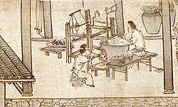 The cocoons are soaked and the silk is wound on spools.