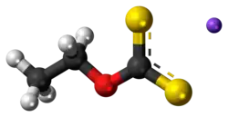 Ball-and-stick model of the component ions of sodium ethyl xanthate