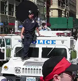 Long-range acoustic device mounted on NYPD vehicle during the 2004 Republican National Convention, New York City