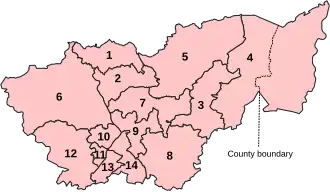 Numbered map of the parliamentary constituencies of South Yorkshire created by the 2023 boundary review and first used at the 2024 UK general election.