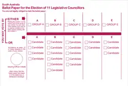 Example ballot from a South Australian Legislative Council election using the single transferable vote, common in Australian upper houses. Voters rank candidates using numerals in one of two mutually exclusive ways: Above the line: mark “1” next to a party or group (additional preferences optional); or Below the line: number at least 1 to 12 next to individual candidates