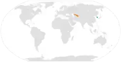 Map indicating locations of South Korea and Uzbekistan