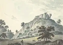 A drawing of a castle on a hilltop.