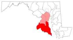 A map of the counties of Southern Maryland. According to the state of Maryland, the region includes all of Calvert, Charles, and St. Mary's counties (red) and the southern portions of Anne Arundel and Prince George's counties (light red).[3]