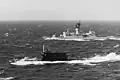 Pharris with a Soviet Golf II-class submarine, February 1978.