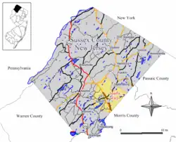 Location of Sparta in Sussex County highlighted in yellow (right). Inset map: Location of Sussex County in New Jersey highlighted in black (left).