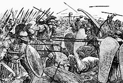 Black and white sketch of a battle. The Greeks wearing plumed helmets are to the left while the Persians with plain helmets are to the right. Shields are raised and spears can be seen thrusting or flying