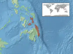 A map of the Philippines with several islands highlighted in red
