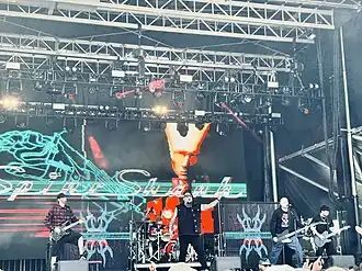 Spineshank live in 2025. L-R: Jason Hager, Tommy Decker, Jonny Santos, Robert Garcia, Tommy Decker Jr.