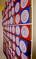 Detail from Spiral (2012), oil painting on wood. This close-up reveals the complex optical structure and vibrant contrasts typical of Youri Messen-Jaschin’s Op art.
