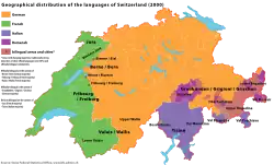 Language distribution in Switzerland by the year 2000. Romandy is shown in green.
