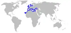 World map with blue outlines on the coastlines of southern Scandinavia, northern Europe, Britain and Ireland, the Iberian Peninsula, the Mediterranean, and northwest Africa as far as the Canary Isles